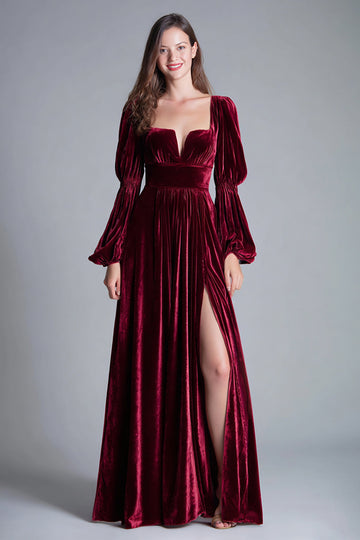 Velours bordeaux col carré Une robe formelle trapèze avec fente